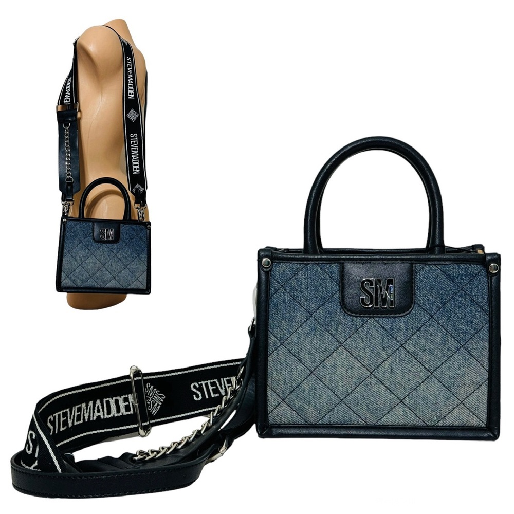 Steve Madden Bniko Quilted Crossbody Shoulder Bag Denim Blue Black Guitar‎ Strap